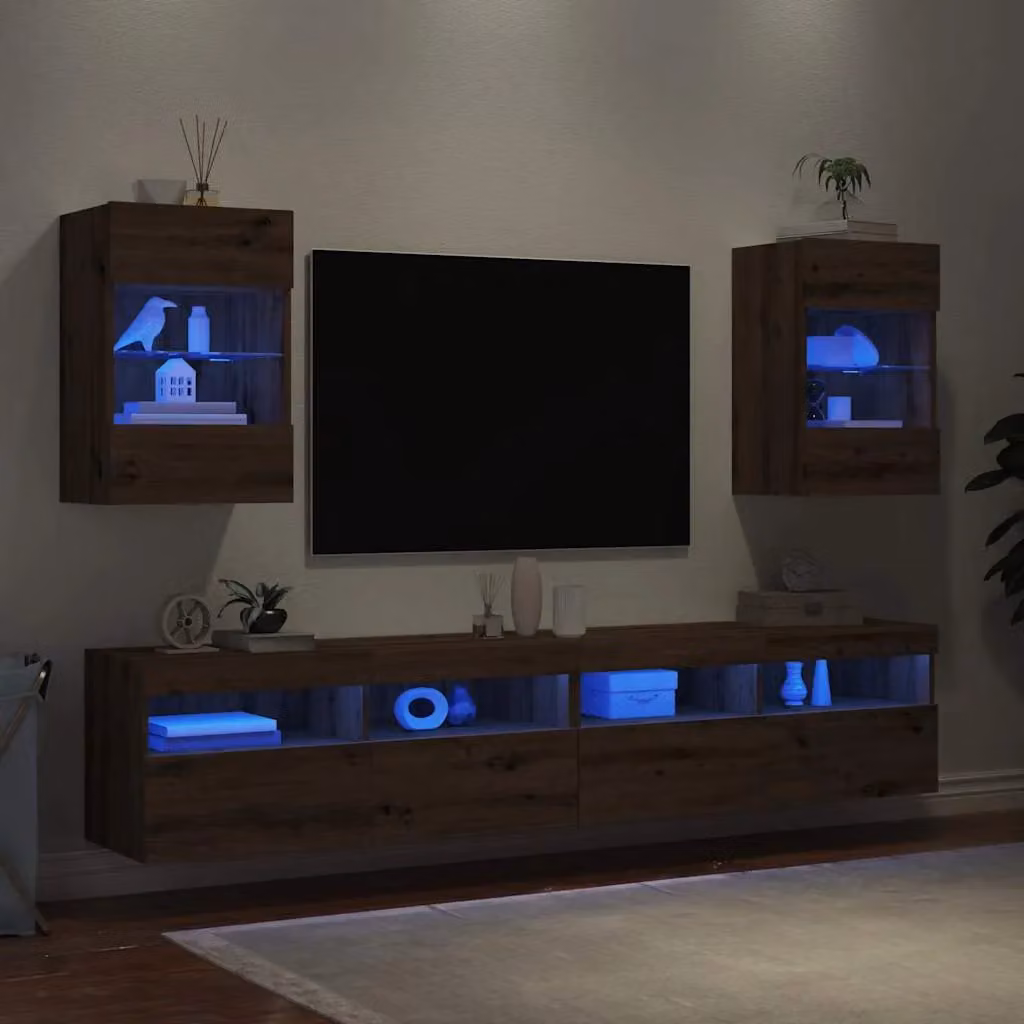 Berkfield Home Artisan Oak TV Wall Cabinets with Integrated LED Lighting, Set of 2, Brown, W/D/H: 40 x 30 x 60 cm – 2
