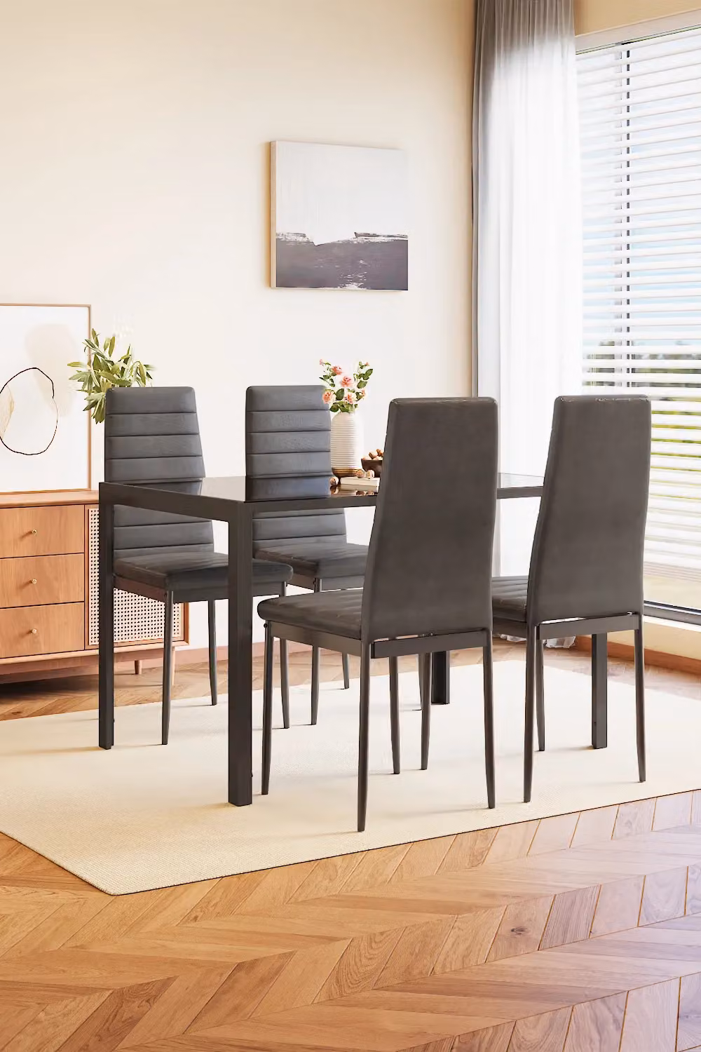 Living and Home 5-Piece Modern Dining Set with Tempered Glass Rectangular Table and Faux Leather Chairs in Black – 2