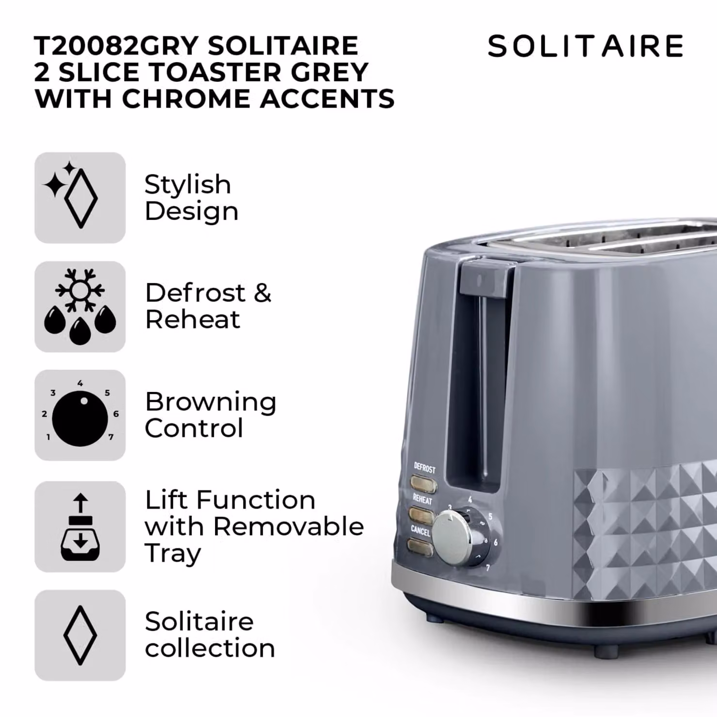 Tower Solitaire 2 Slice Toaster, 850W, Grey with Cable Storage – 2