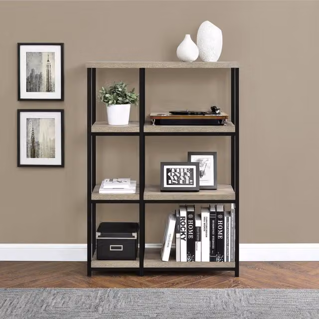 Candon Industrial Bookcase with Drawers and Shelves in Grey Oak, W: 113.5 cm