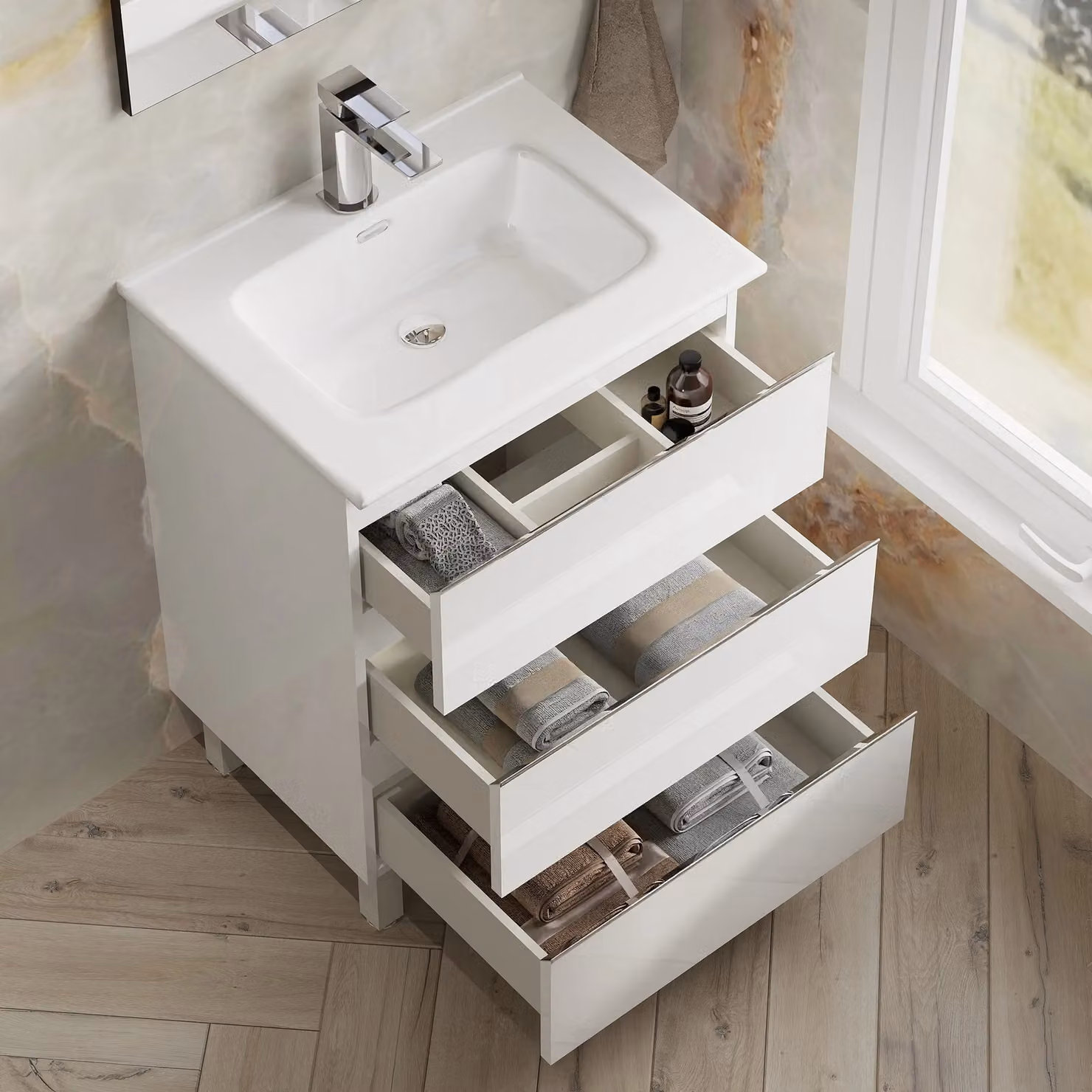 Banyetti Vatilla 600mm Floorstanding Vanity Unit with Athena Basin, Gloss White – 2