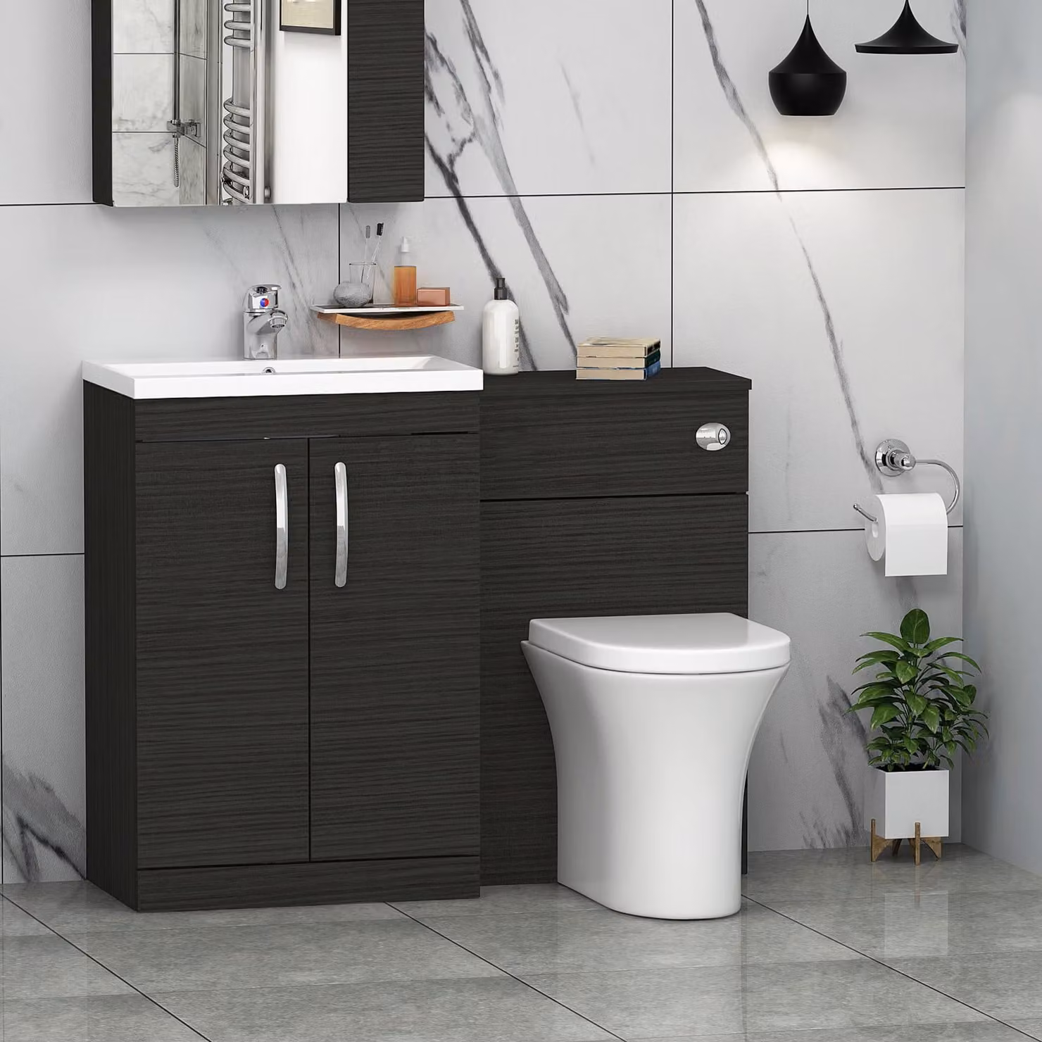 Royal Bathrooms Hale Black 2 Door Furniture Pack with Mid Edge Basin and Breeze Back to Wall Toilet, Width: 110 cm