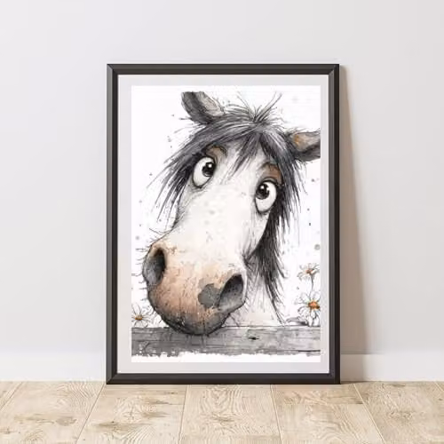 60 Second Makeover Peeking Horse with Daisies Multicolour Floral Illustration Wall Art Poster, A4
