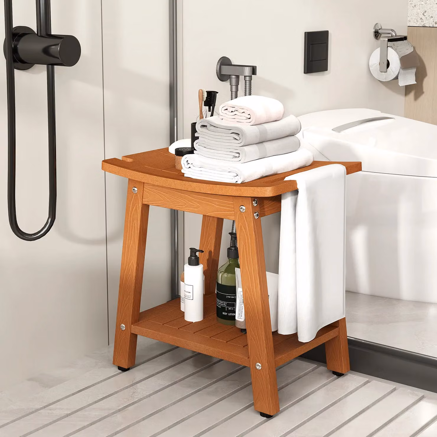Costway Brown HIPS Shower Bench Seat with Handle and Drainage Seat – 2