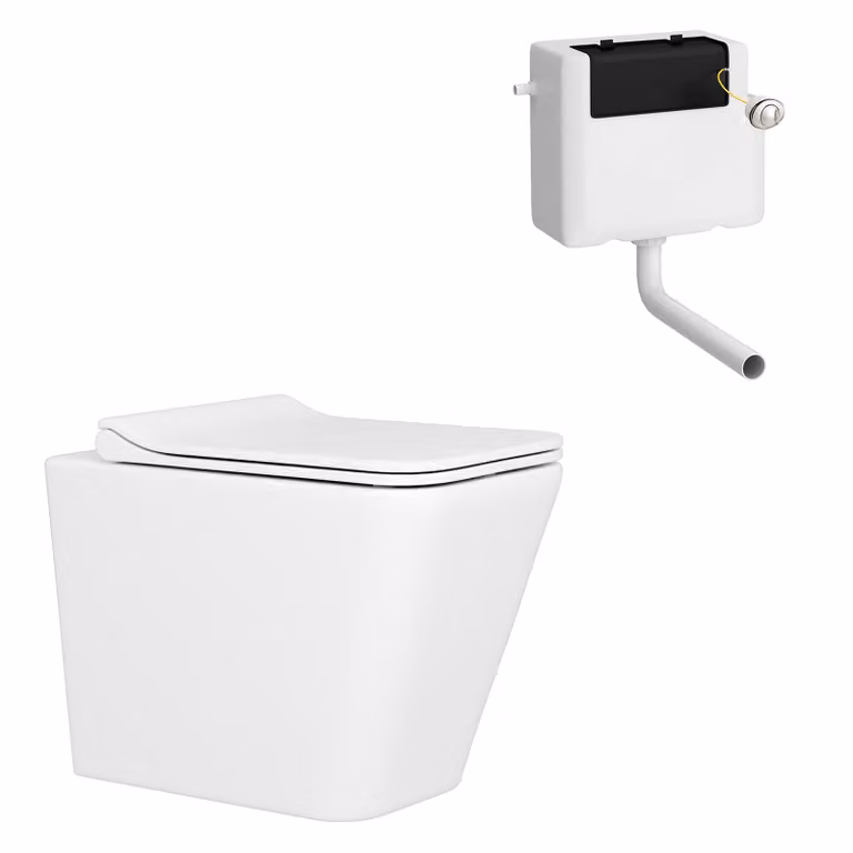 Royal Bathrooms Elena Rimless Back to Wall Toilet Pan and Slim Soft Close Seat with Concealed Cistern, White Ceramic