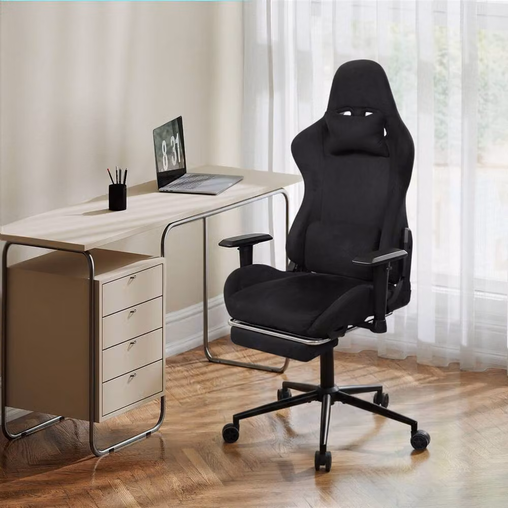 Levede Ergonomic Gaming Chair with Footrest, Reclining Black Microfibre High Back Office Chair with Lumbar Support and Headrest for Adults – 3