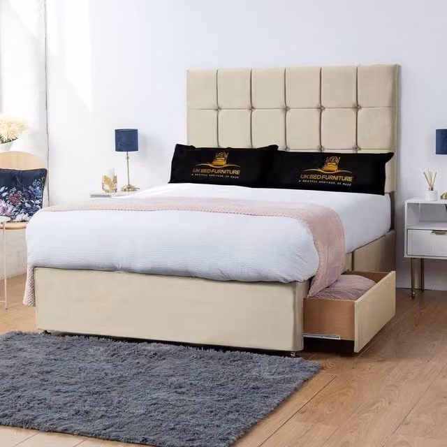 UK Bed Furniture Florence Divan Bed with 2 Drawers and 26 Inch Headboard in Cream Fabric, W/D/H: 140 x 200 cm