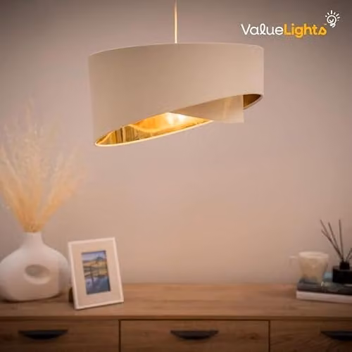 MiniSun Modern Double Layer Cylinder Ceiling Light Shade in Beige and Gold Fabric, Shade Width: 40 cm – 2