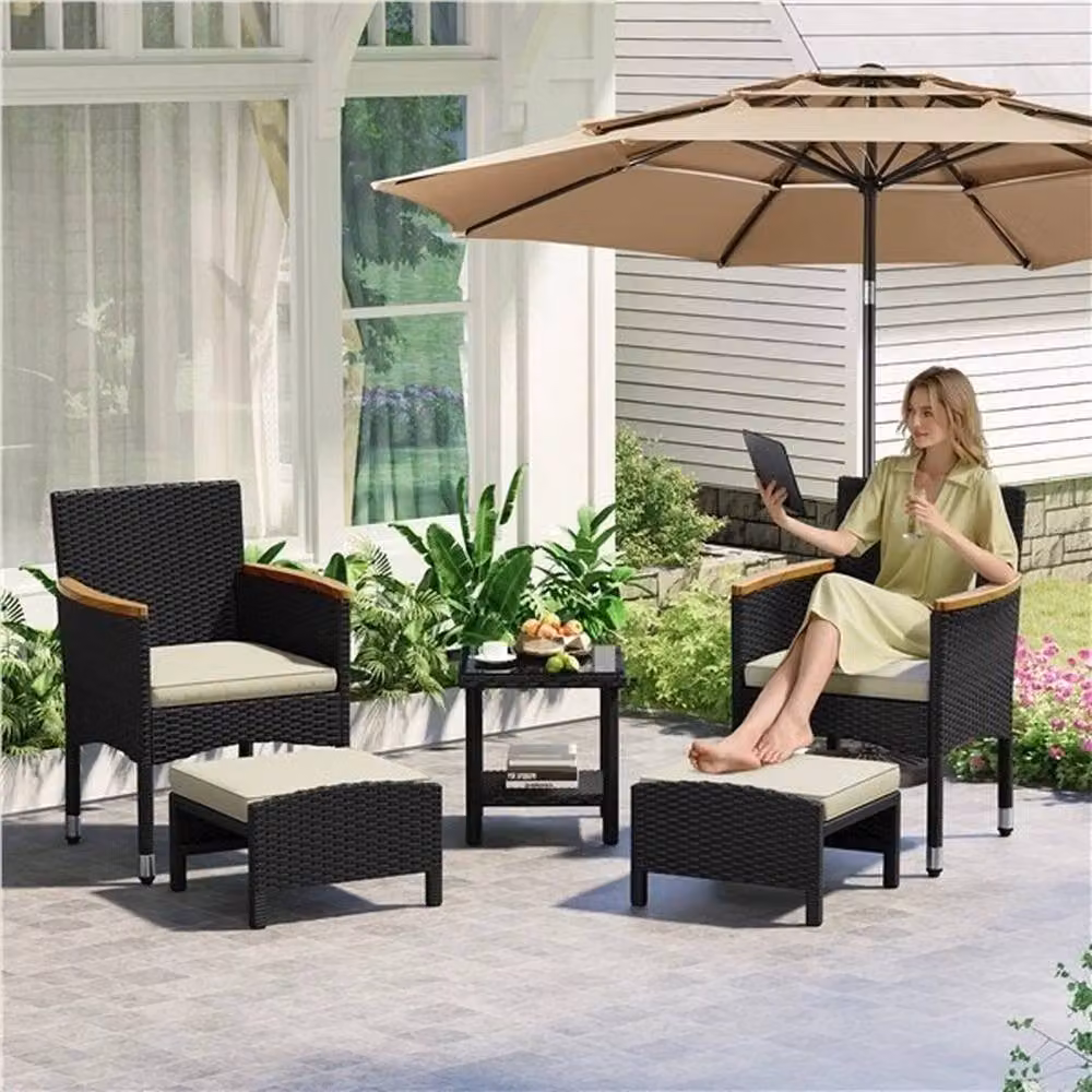 PAWNORA 5-Piece Modern Black Rattan and Acacia Wood Patio Furniture Set – 5