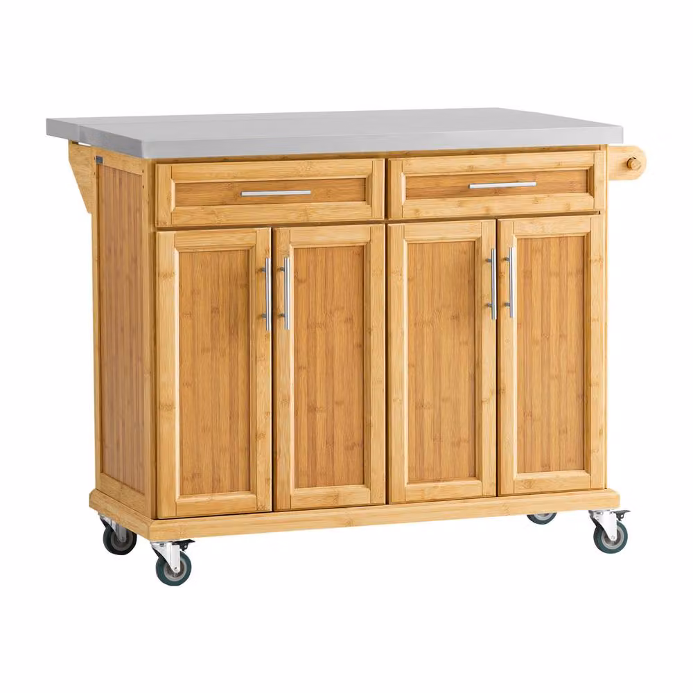 SoBuy Rolling Kitchen Island in Natural Bamboo and Silver Stainless Steel – 2