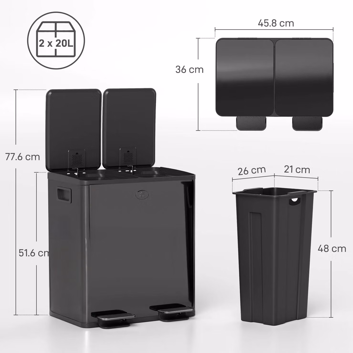 HOMCOM Dual Pedal Kitchen Rubbish Bin for Recycling and Waste, Black, 2 x 20L – 3