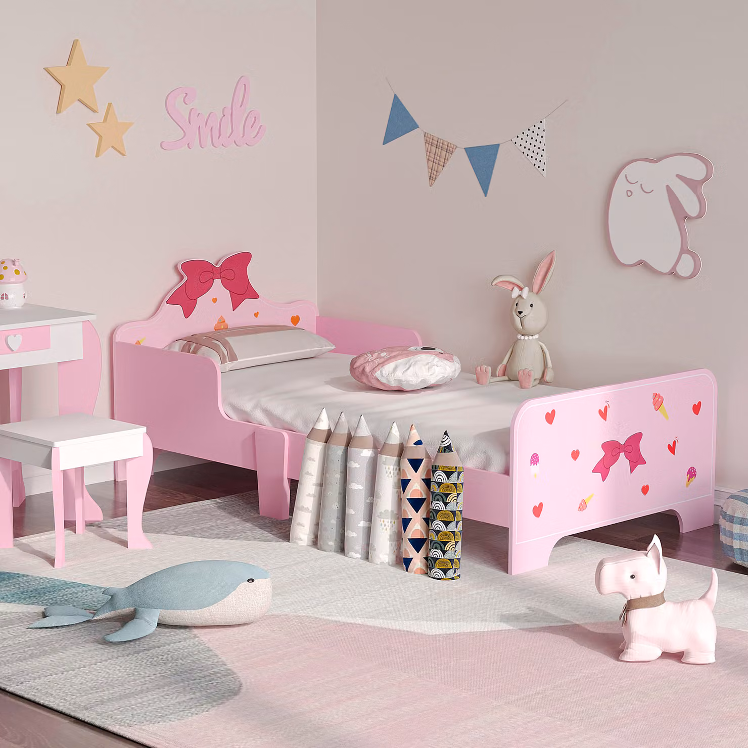 ZONEKIZ Princess-Themed Toddler Bed with Safety Side Rails and Slats in Pink, W/D/H: 143 x 74 x 59 cm – 2