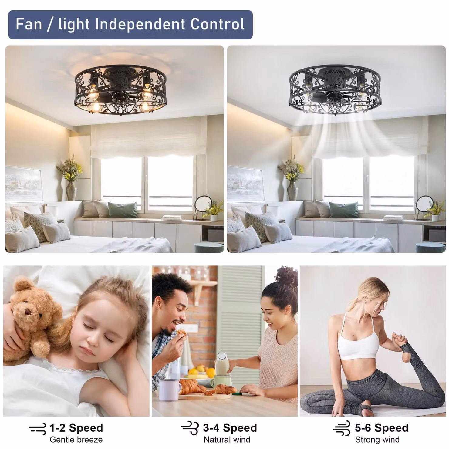 Garwarm Industrial Caged Ceiling Fan with 4 Lights and Remote Control in Black – 4