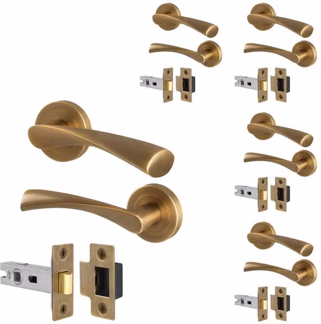 AFIT Antique Brass Door Handle Rose with Latch, 5 Pairs in Bronze, W/D/H: 150 x 150 mm