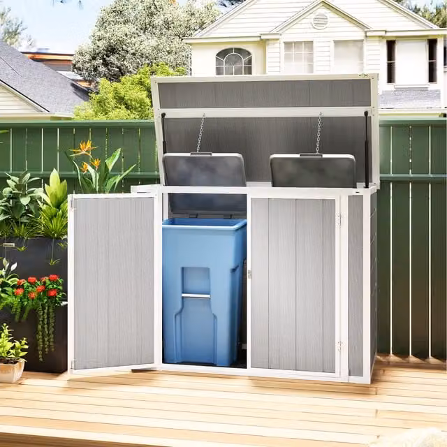 Outsunny Lockable Plastic Bin Store Garden Shed for Two Trash Cans, Light Grey