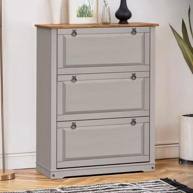 Mercers Furniture Corona 3 Shelf Shoe Rack Chest in Distressed Grey Waxed Pine, W/D/H: 125 x 32 x 99 cm
