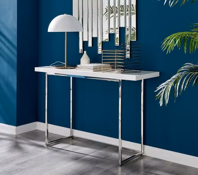 FurnitureboxUK Kylo Modern High Gloss White Console Table with Silver Metal Sled Base