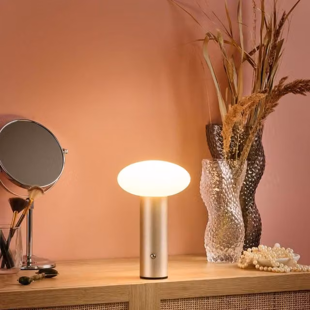 Wyld and Coco Gold LED Wireless Table Lamp, Modern Dimmable Rechargeable Metal and Glass Mushroom Lamp – 1