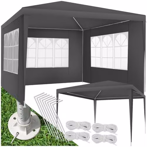 tectake Garden Gazebo in Grey with Steel Frame and Windows, W/D/H: 300 x 300 x 250 cm