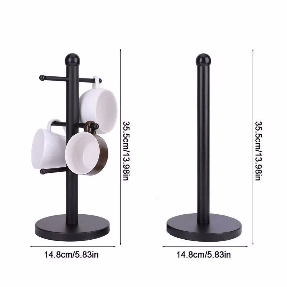 SPETLEK Black Metal Freestanding Mug Tree and Cup Stand with Kitchen Towel Holder – 3