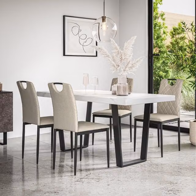More4Homes Aria Dining Set with Marble Effect Rectangular Table and 4 Monza Linen Chairs in Beige