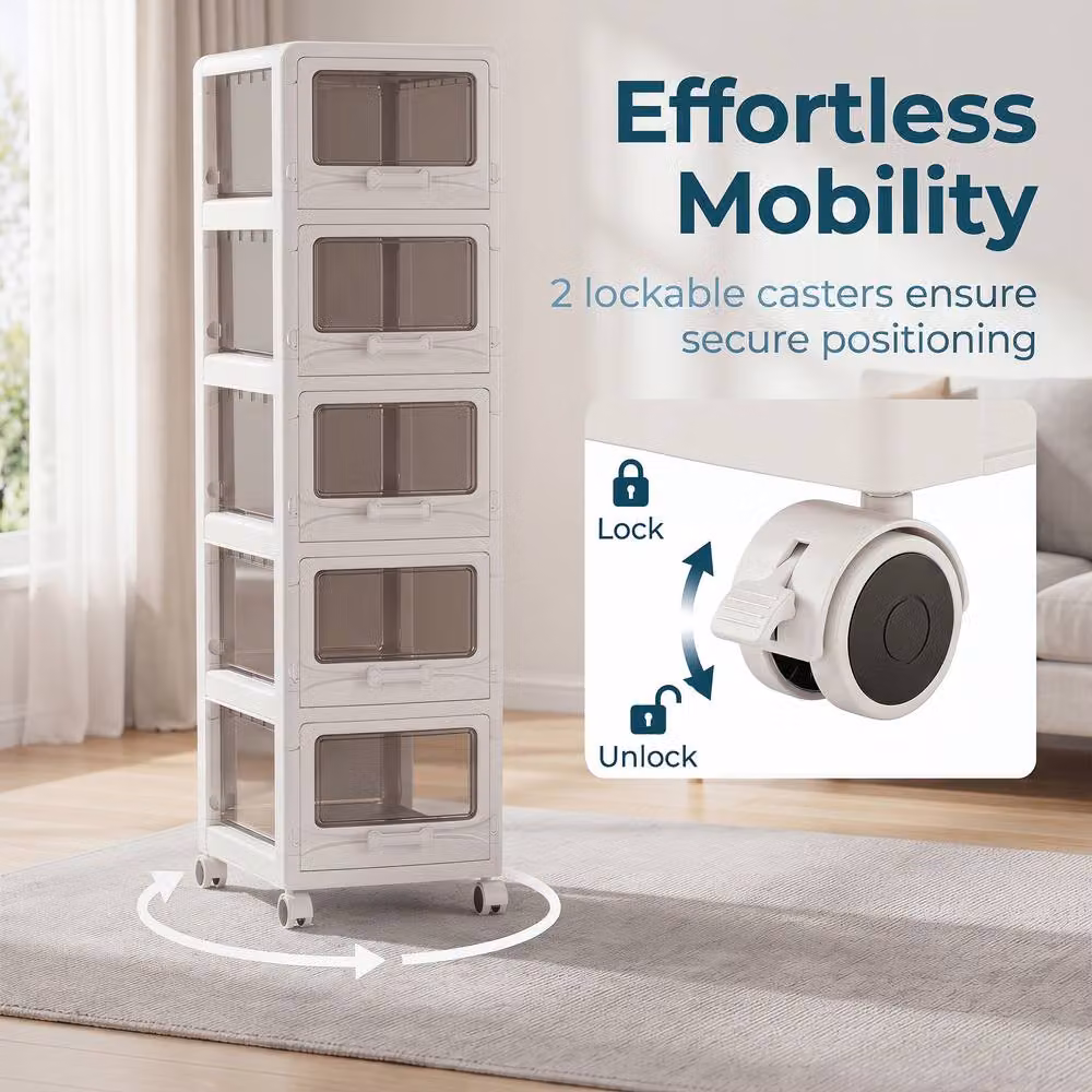 Costway 5-Tier Plastic Rolling Utility Storage Cart with Drawers in White – 4