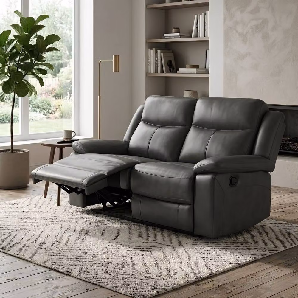 Home Luxe Interior Casper 2 Seater Manual Recliner Sofa in Grey Leather, W/D/H: 120 x 100 x 100 cm – 3