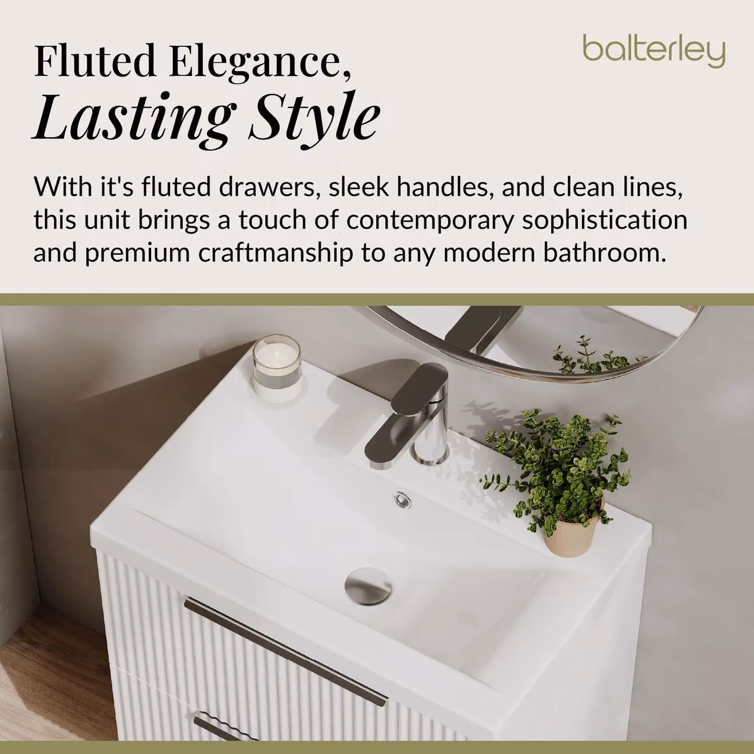 Balterley Fluted Wall Hung 2 Drawer Vanity Basin Unit and Basin, Satin White, Width: 60 cm – 2