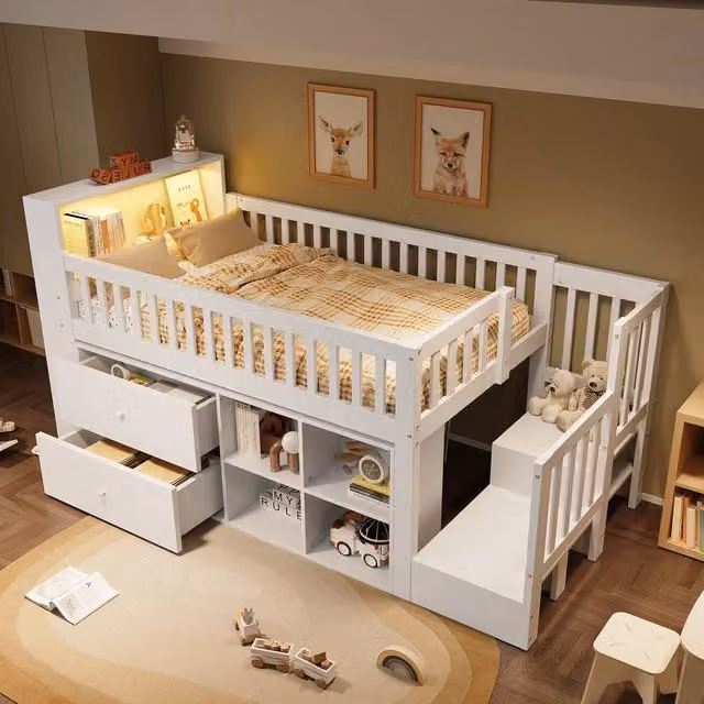 Merax White Mid Sleeper Cabin Bed for Children with Storage Staircase and Under-Bed LED Lighting, W/D/H: 190 x 90 x 91.44 cm