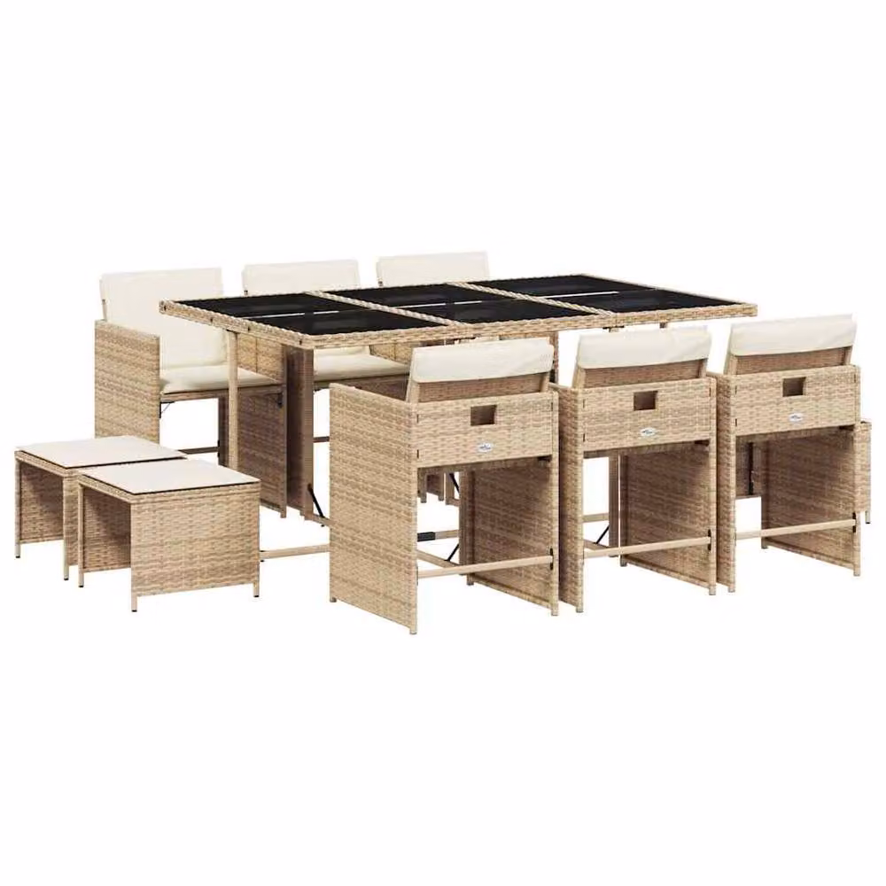 Berkfield Home 11 Piece Beige Poly Rattan Garden Dining Set with Cushions and Glass Tabletop – 2