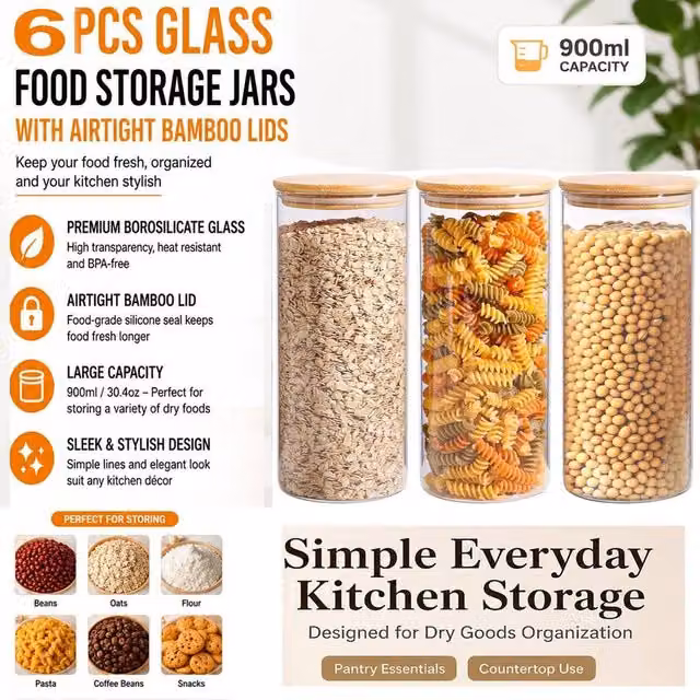 ATEK Set of 6 Clear Glass Food Storage Jars with Airtight and Leakproof Lids, 900ml each – 1