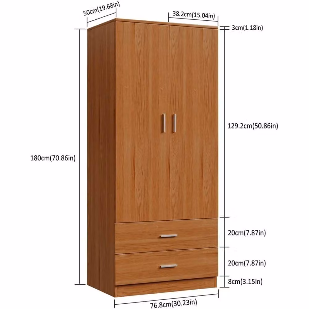 VOGREX Brown 2-Door 2-Drawer Freestanding Wardrobe with Hanging Rail – 2