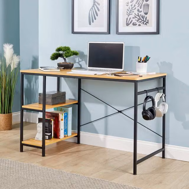 Home Source Stanton Computer Desk with Adjustable Shelves and Storage Hook in Light Oak Effect