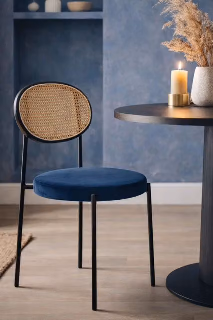 Fusion Living Paris Scandinavian Dining Chair in Blue Velvet with Rattan and Metal Details