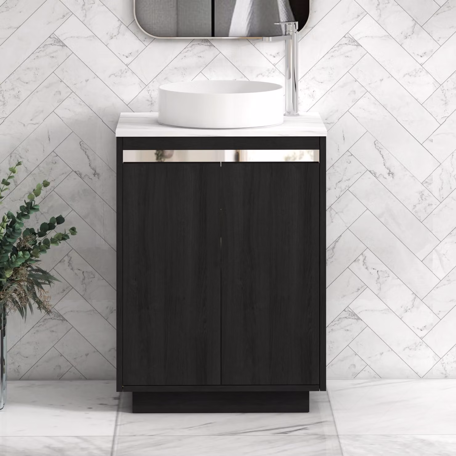 Royal Bathrooms Orion 600mm Hale Black Floor Standing Vanity Unit with Carrara White Countertop and 2 Soft Close Doors