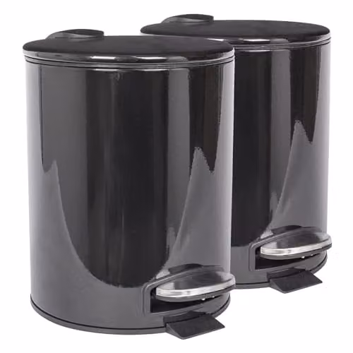 Harbour Housewares Pack of 2 Round Stainless Steel Pedal Bins, 5L, Black