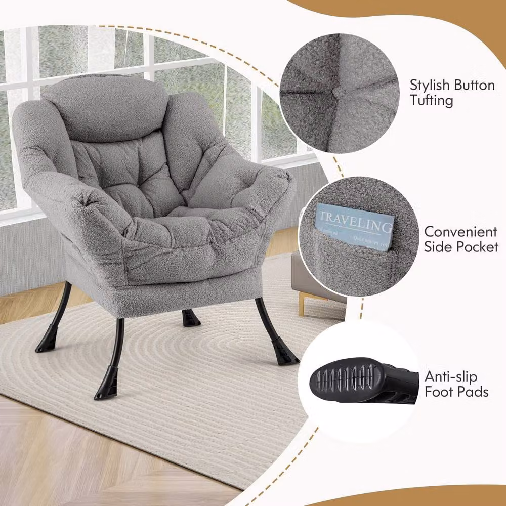 Gymax Modern Grey Bouclé Accent Chair with Ottoman and Folding Footrest – 3