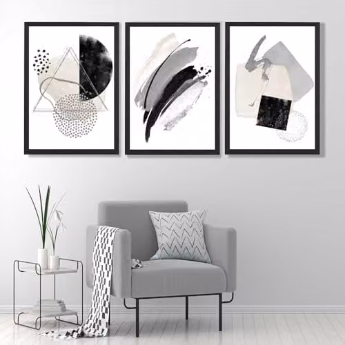 ARTZE Set of 3 Abstract Black and Grey Watercolour Shapes Framed Wall Art, W: 45 cm, H: 62 cm, D: 2 cm