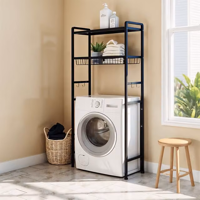 Komore Freestanding Metal Over Washing Machine Storage Unit with Adjustable Shelves in Matt Black