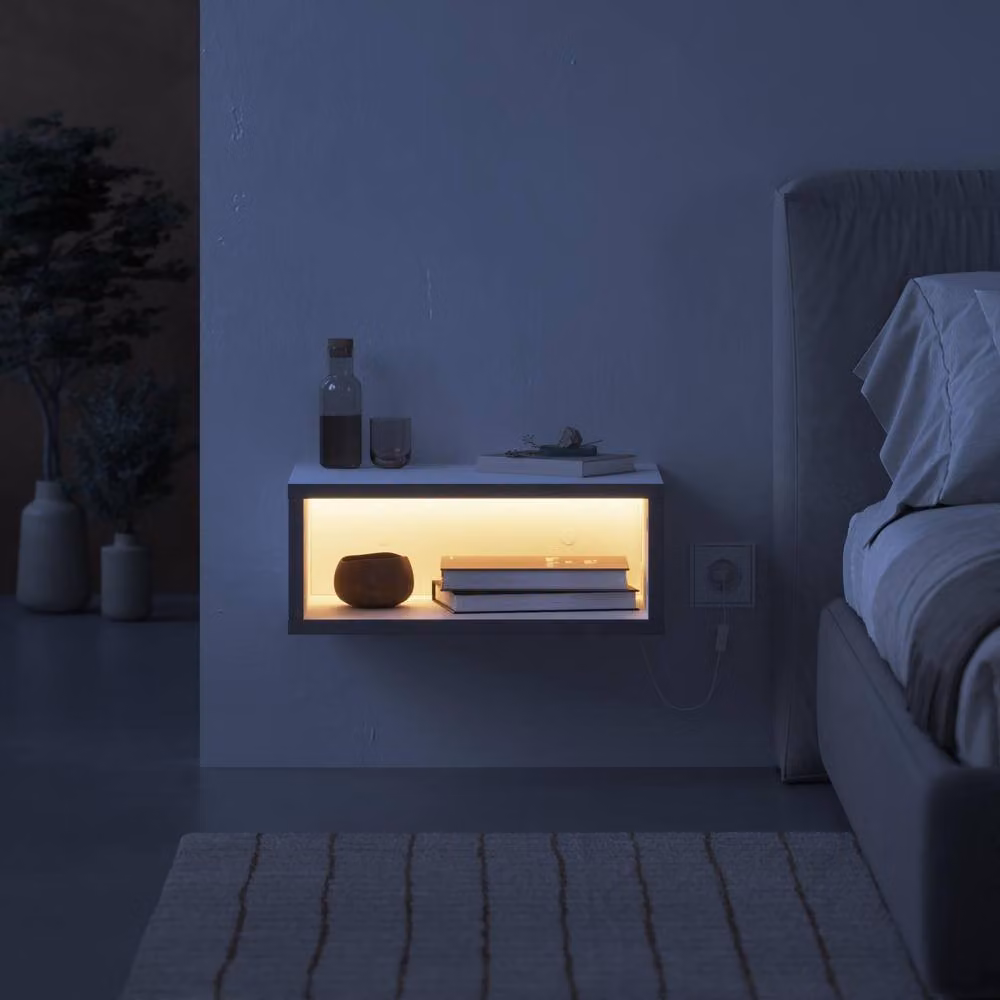 Decortie Brik Modern Floating LED Bedside Table with Open Shelf, White – 2