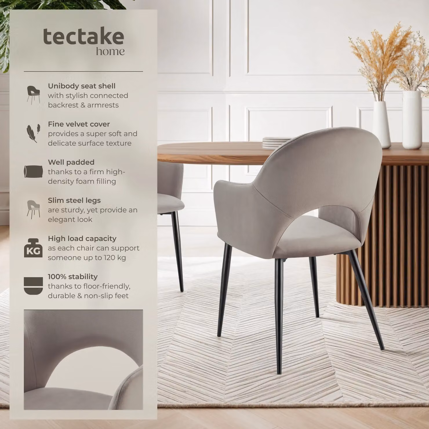 tectake Sasha Set of 6 Modern Dining Chairs in Taupe with Armrests and Metal Frame – 2
