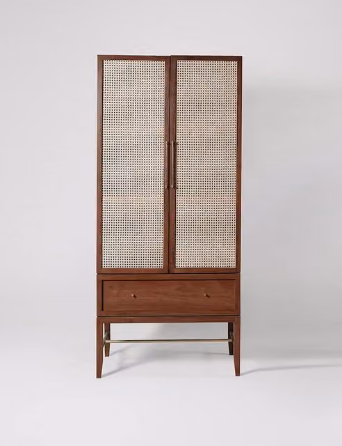 Swoon Raphia Mid-Century Acacia Wood and Rattan Wardrobe with Integrated Drawers in Brown