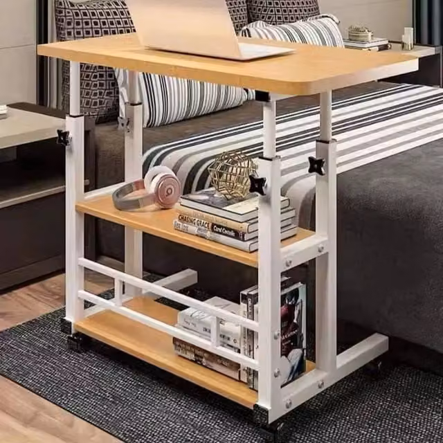 FLAVORA Height Adjustable Mobile Overbed Laptop Desk in Sand with Wood Finish