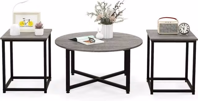 COSTWAY Round Sofa Side Table with 2 Square End Tables, Grey Metal Geometric Design