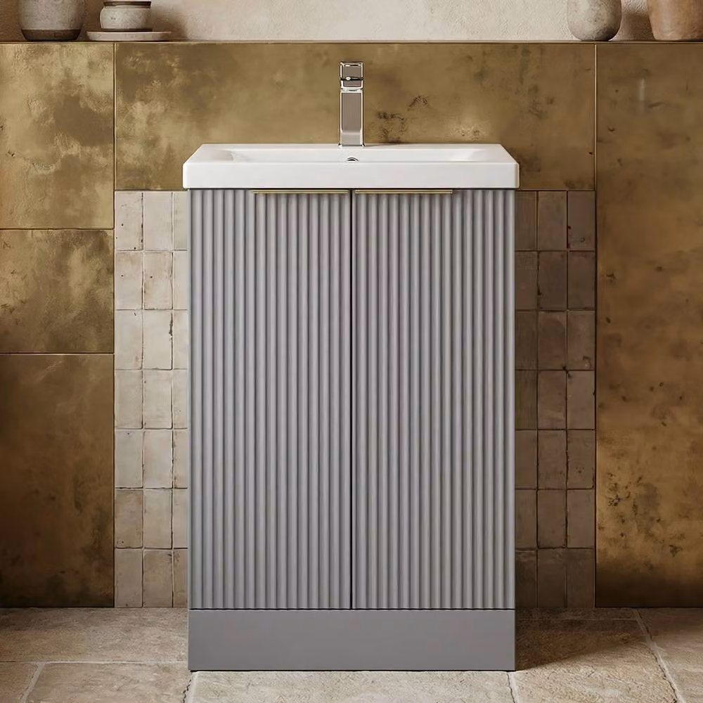 Balterley Fluted Front 2 Soft Close Door Grey Freestanding Vanity Basin Unit with Brushed Brass Details, W: 50 cm, H: 85 cm – 4