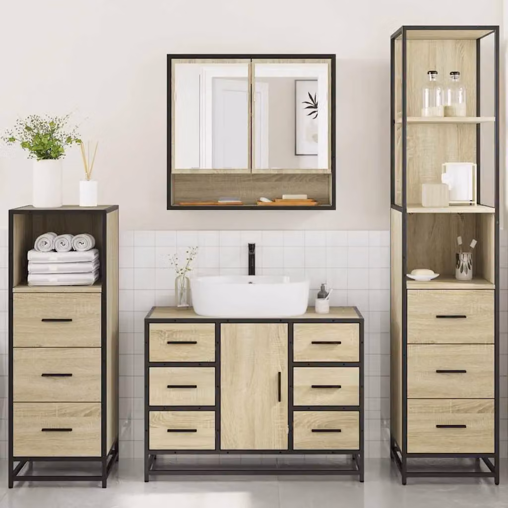 Berkfield Home 4-Piece Brown Sonoma Oak Bathroom Furniture Set with Vanity Unit and Mirror Cabinet – 2