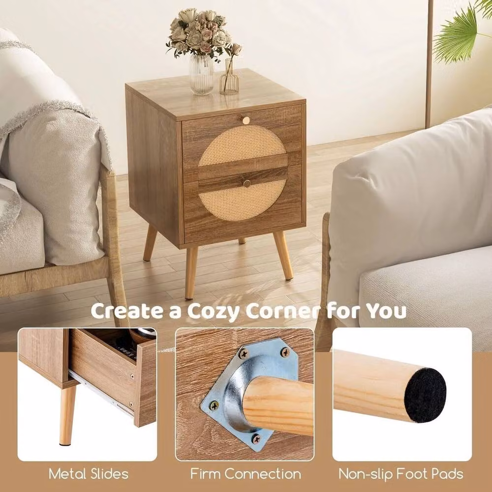 Kelvenix Set of 2 Brown Rattan Bohemian Style Nightstands and Side Tables – 4