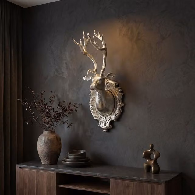 Orsina Silver Metal Stag Head Wall Mounted Sculpture with Floral and Leaf Details, W/D/H: 25 x 65 x 25 cm – 2