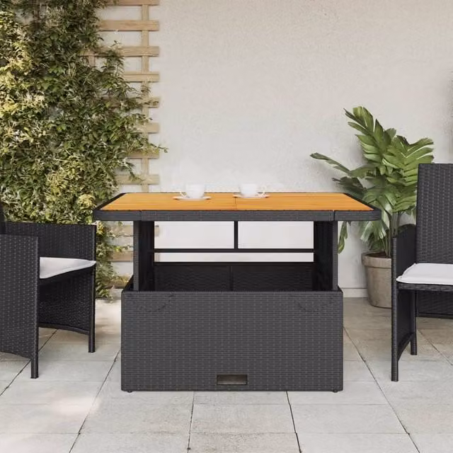 Berkfield Home Black Poly Rattan and Oiled Acacia Wood Garden Table W/D/H: 110 x 110 x 71 cm – 1