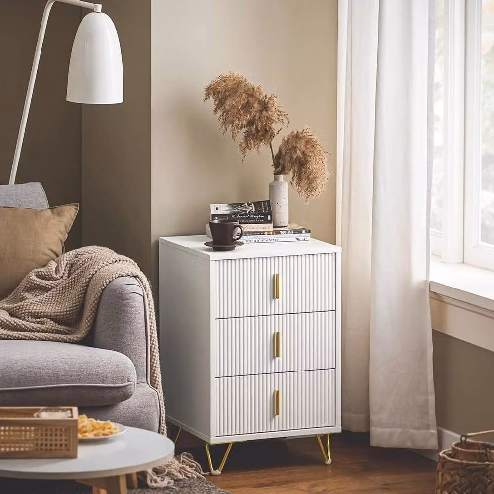 SPETLEK 3 Drawer Bedside Table Cabinet in White and Gold, W/D/H: 40 x 40 x 66 cm – 4